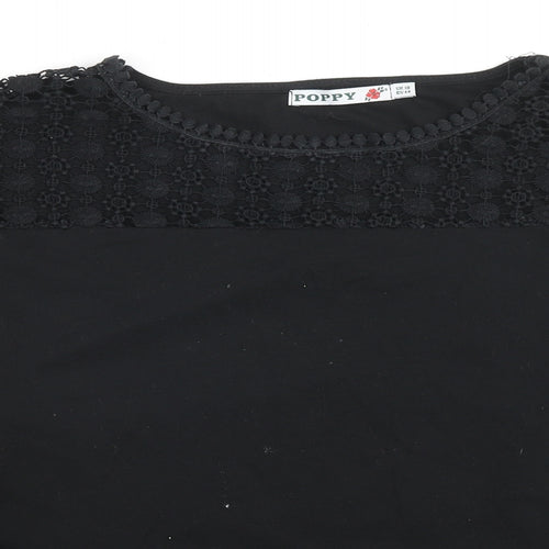 Poppy Womens Black Polyester Basic T-Shirt Size 10 Round Neck - Lace detail