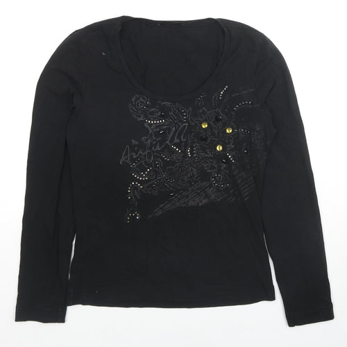 Airfield Womens Black Cotton Basic Blouse Size 12 Scoop Neck - Jeweled Detail