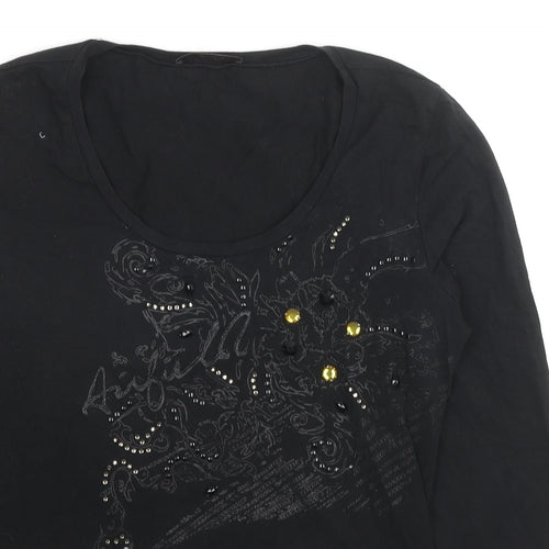 Airfield Womens Black Cotton Basic Blouse Size 12 Scoop Neck - Jeweled Detail