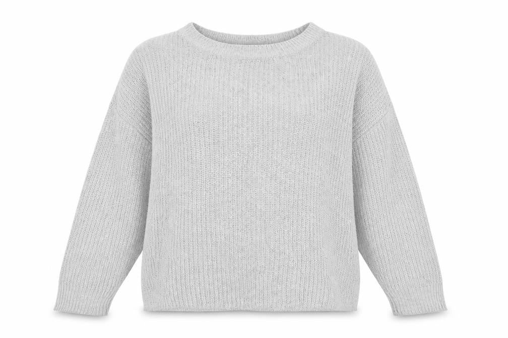 Front view of PRETTYLITTLETHING women’s grey round neck acrylic jumper, size S