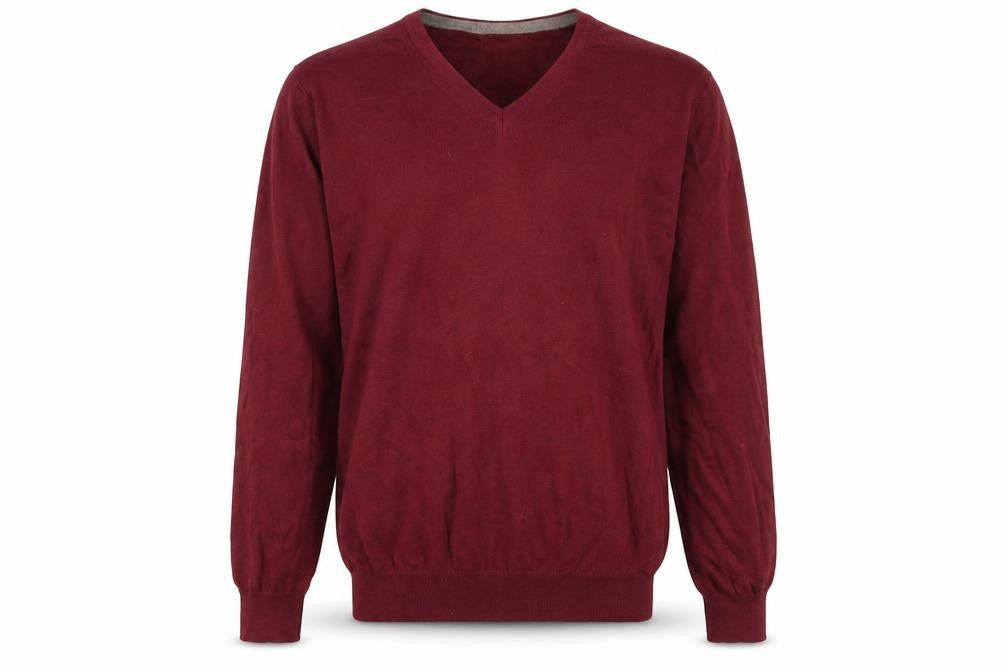 Front view of John Lewis men’s red v-neck cotton jumper, size S, long sleeve