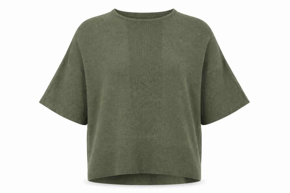 Front view of Warehouse women’s green round neck viscose jumper, size UK 6