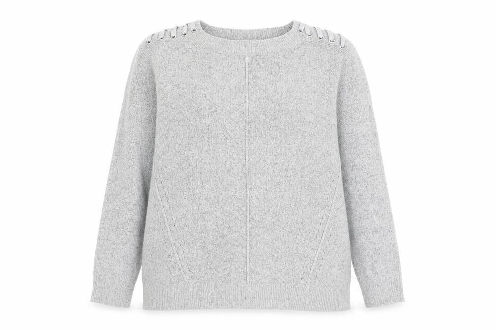 Front view of Indigo women’s grey round neck acrylic jumper, size UK 14