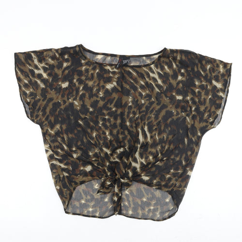 Fire Womens Brown Animal Print Polyester Basic Blouse Size S Round Neck