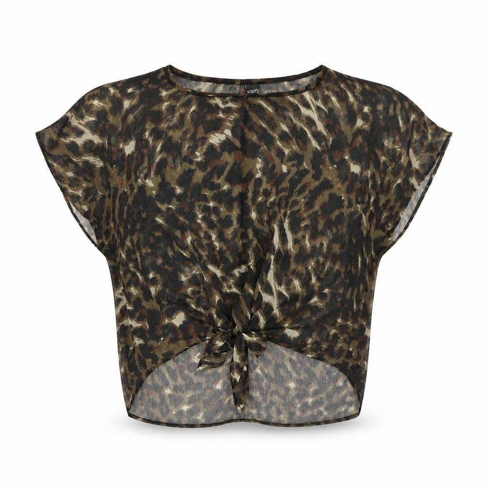 Front view of Fire women’s brown animal print polyester basic blouse, size S, round neck