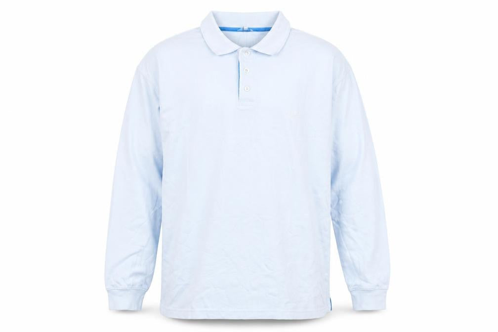 Front view of Cotton Traders men’s blue 100% cotton polo, size M, collared button