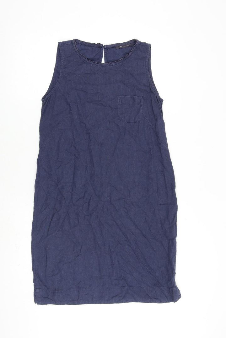 Marks and Spencer Womens Blue Flax A-Line Size 10 Round Neck Button