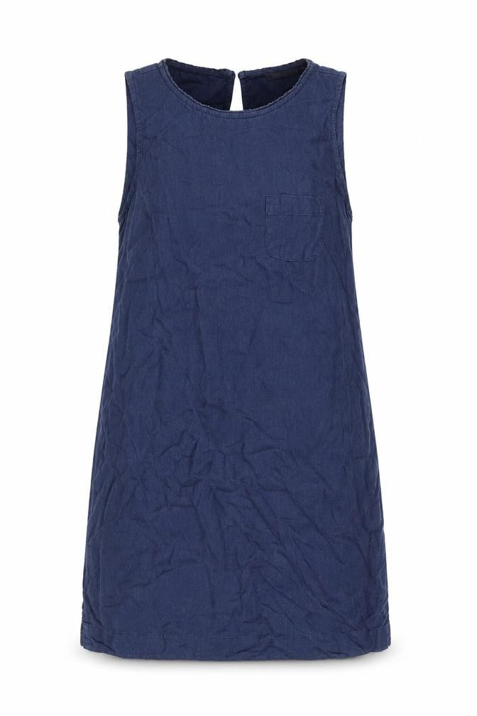 Front view of Marks & Spencer women’s blue flax a-line, size UK 10, round neck button