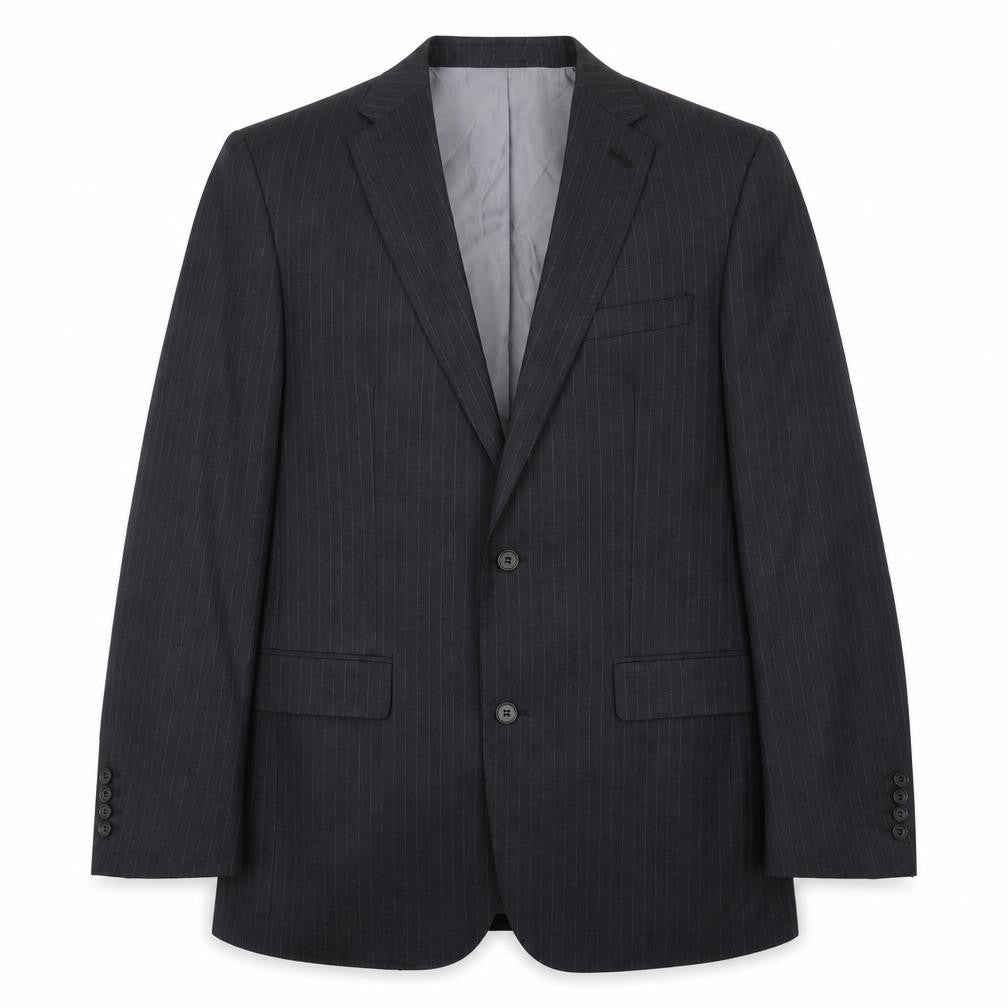Front view of Samuel Windsor men’s grey striped wool jacket blazer, size 40, regular - inside pockets