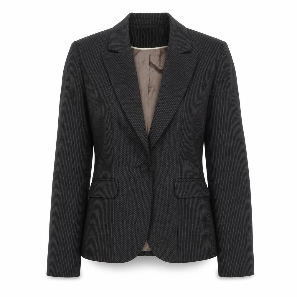 Front view of Next women’s brown striped jacket blazer, size UK 10, button