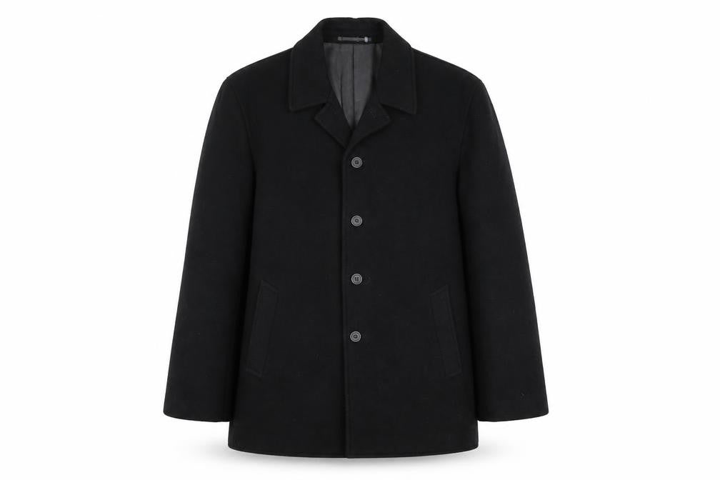 Front view of Anthony De Mano men’s black pea coat coat, size S, button