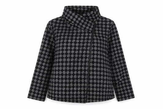Front view of Klass women’s black geometric jacket coat, size UK 14, button