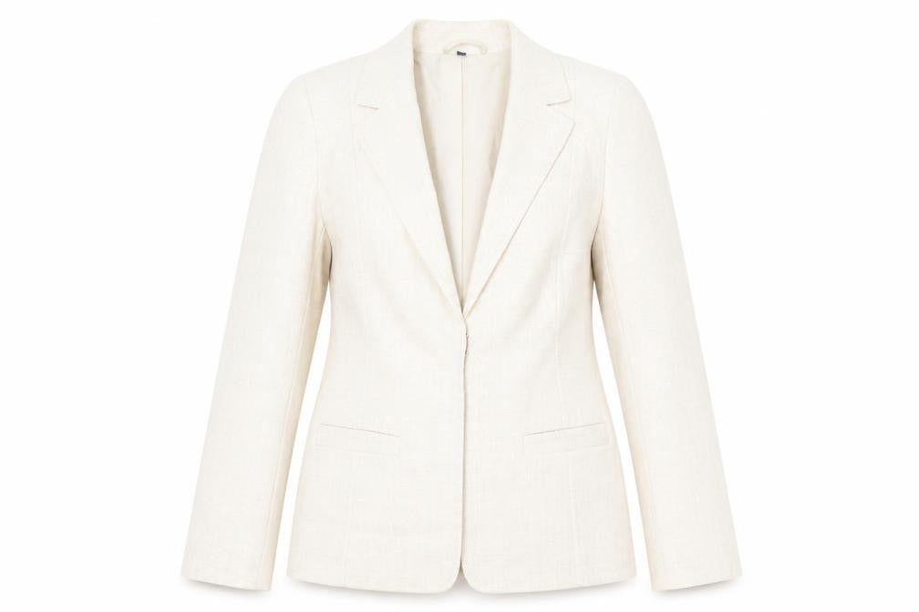 Front view of EWM women’s beige jacket blazer, size UK 12, hook & eye