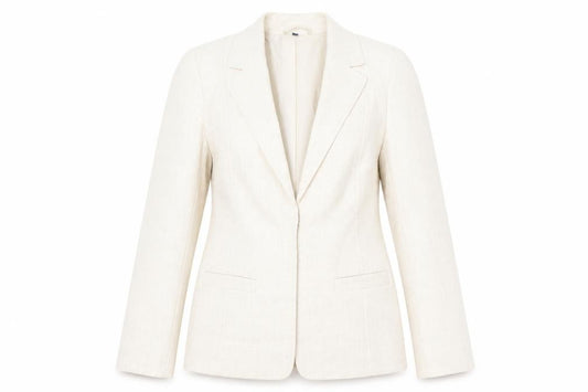 Front view of EWM women’s beige jacket blazer, size UK 12, hook & eye
