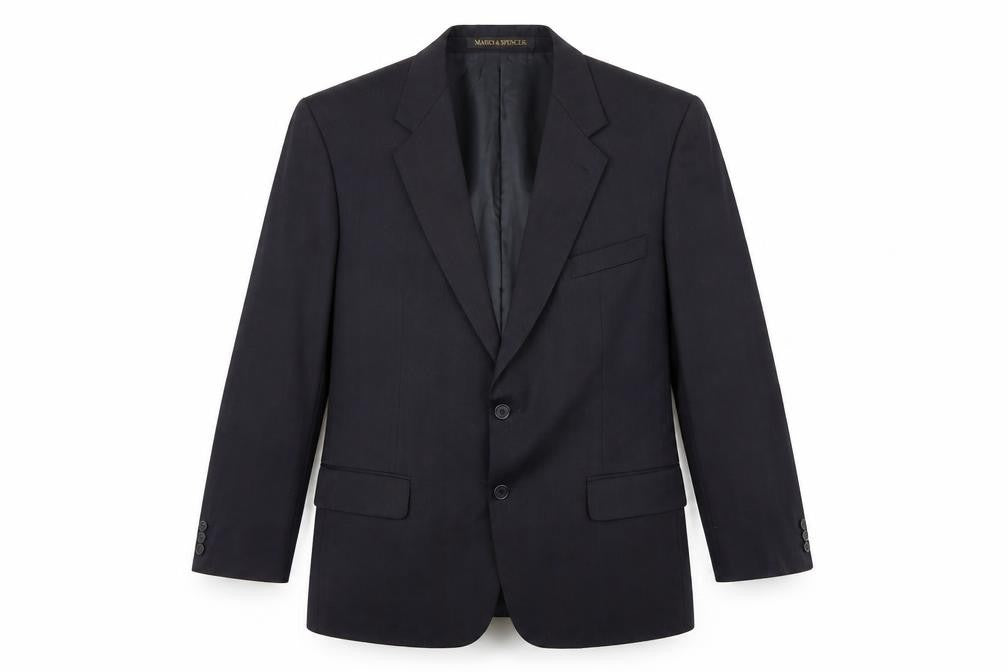Front view of Marks & Spencer men’s black striped polyester jacket suit jacket, size 42, regular