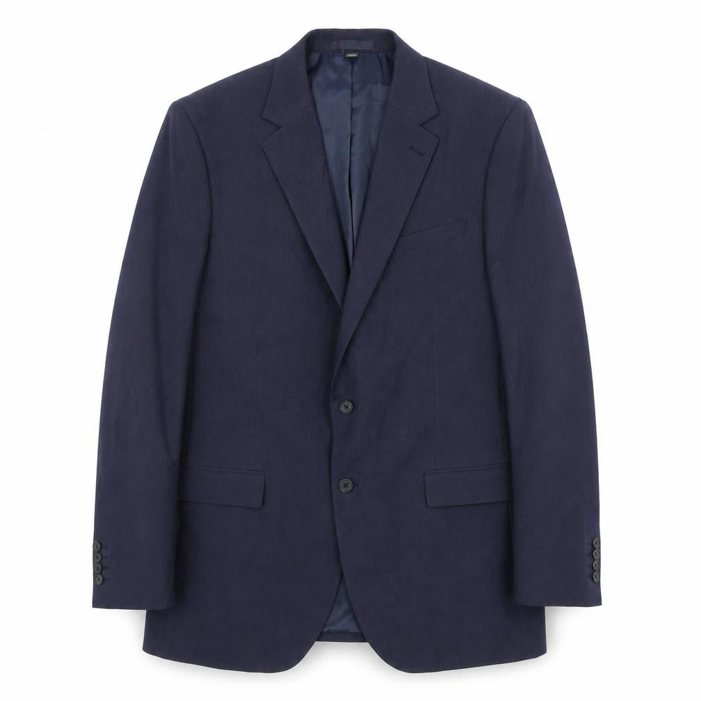 Front view of Marks & Spencer men’s blue striped polyester jacket suit jacket, size 42, regular