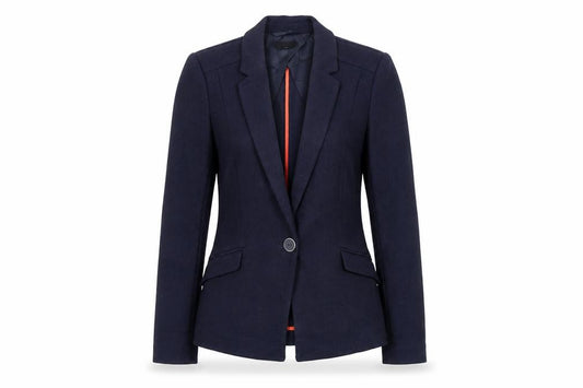 Front view of Oasis women’s blue jacket blazer, size UK 8, button