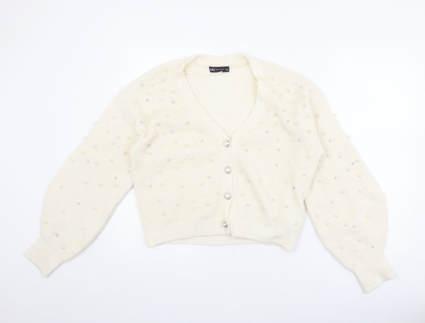 Marks and Spencer Womens Grey V-Neck Acrylic Cardigan Jumper Size S - Pearls and Jewels