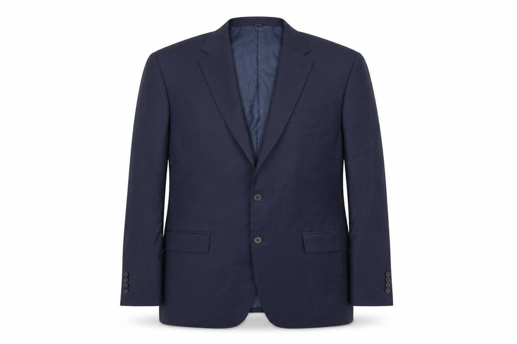 Front view of Marks & Spencer men’s blue polyester jacket suit jacket, size 44, regular
