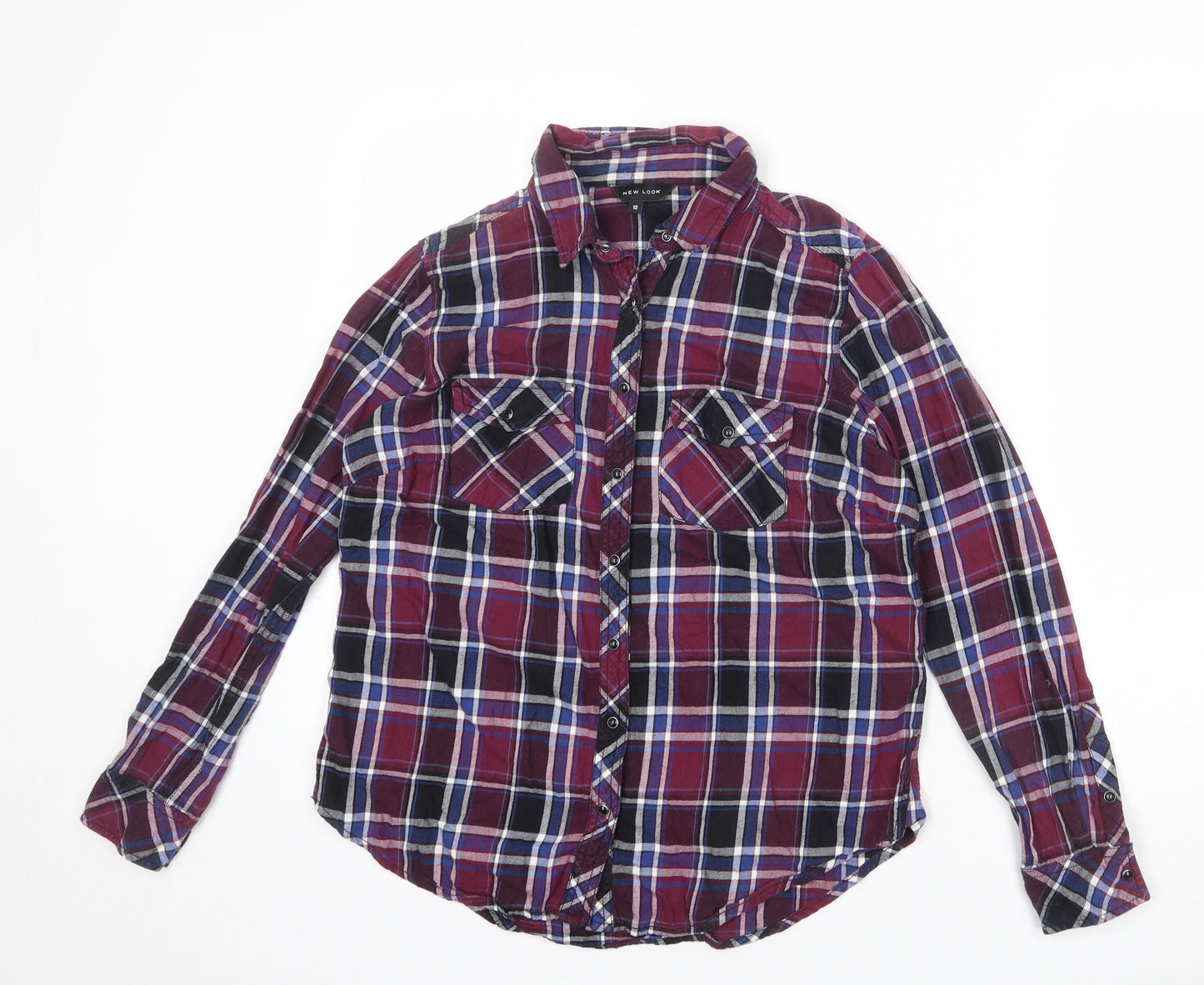 New Look Womens Multicoloured Plaid 100% Cotton Basic Button-Up Size 12 Collared