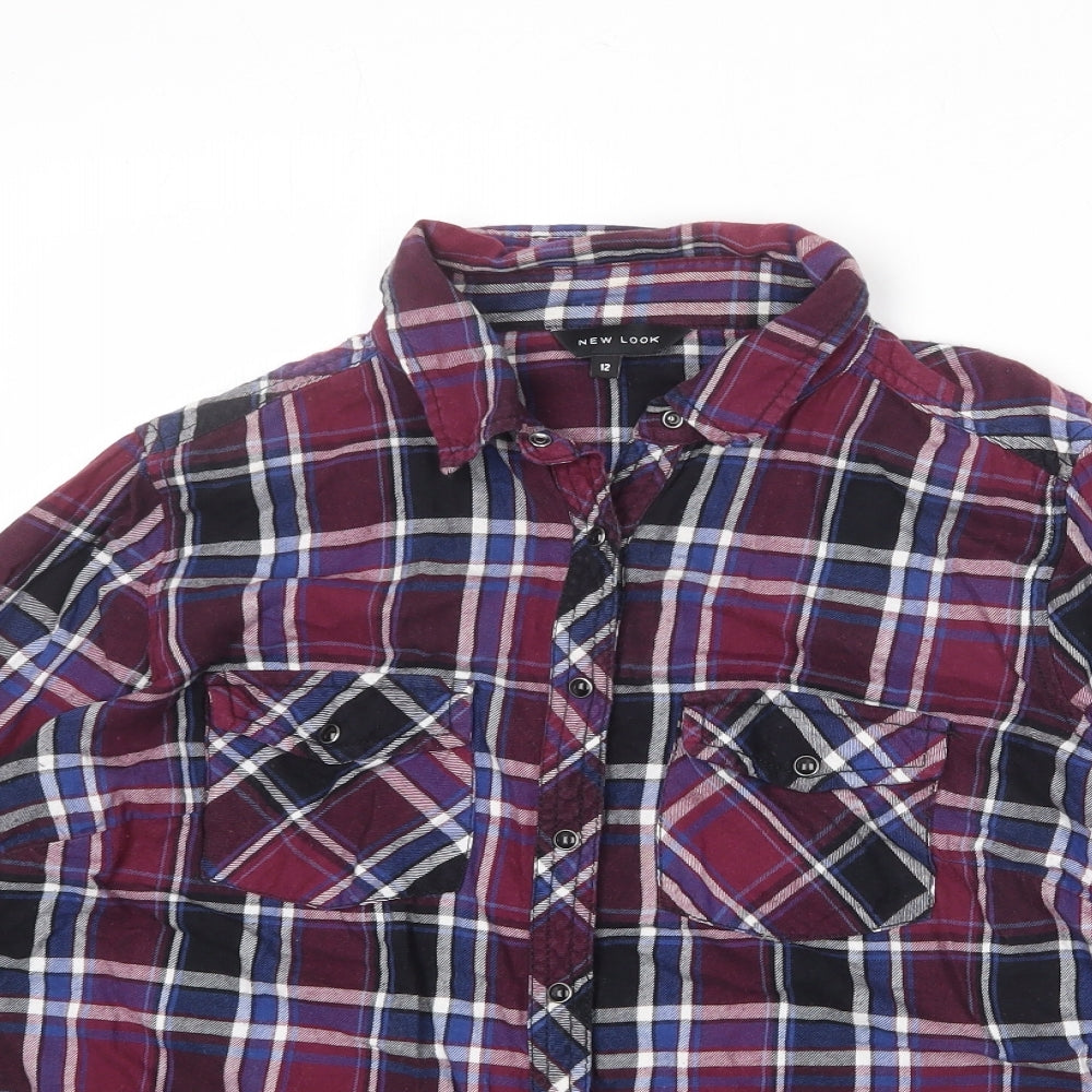 New Look Womens Multicoloured Plaid 100% Cotton Basic Button-Up Size 12 Collared