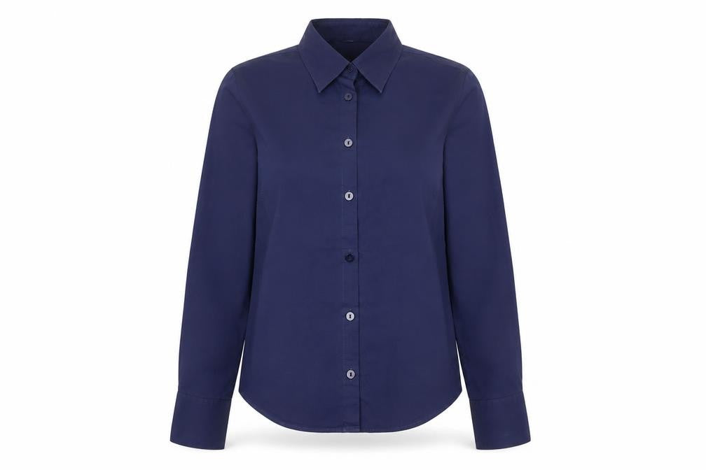 Front view of St Michael women’s blue cotton basic button-up, size UK 8, collared - short length