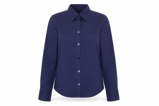 Front view of St Michael women’s blue cotton basic button-up, size UK 8, collared - short length
