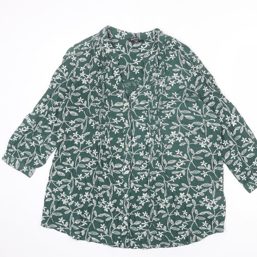 Bonmarché Womens Green Floral Viscose Basic Blouse Size 10 V-Neck - Button-Up