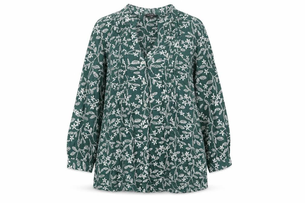 Front view of Bonmarché women’s green floral viscose basic blouse, size UK 10, v-neck - button-up