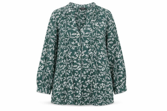 Front view of Bonmarché women’s green floral viscose basic blouse, size UK 10, v-neck - button-up