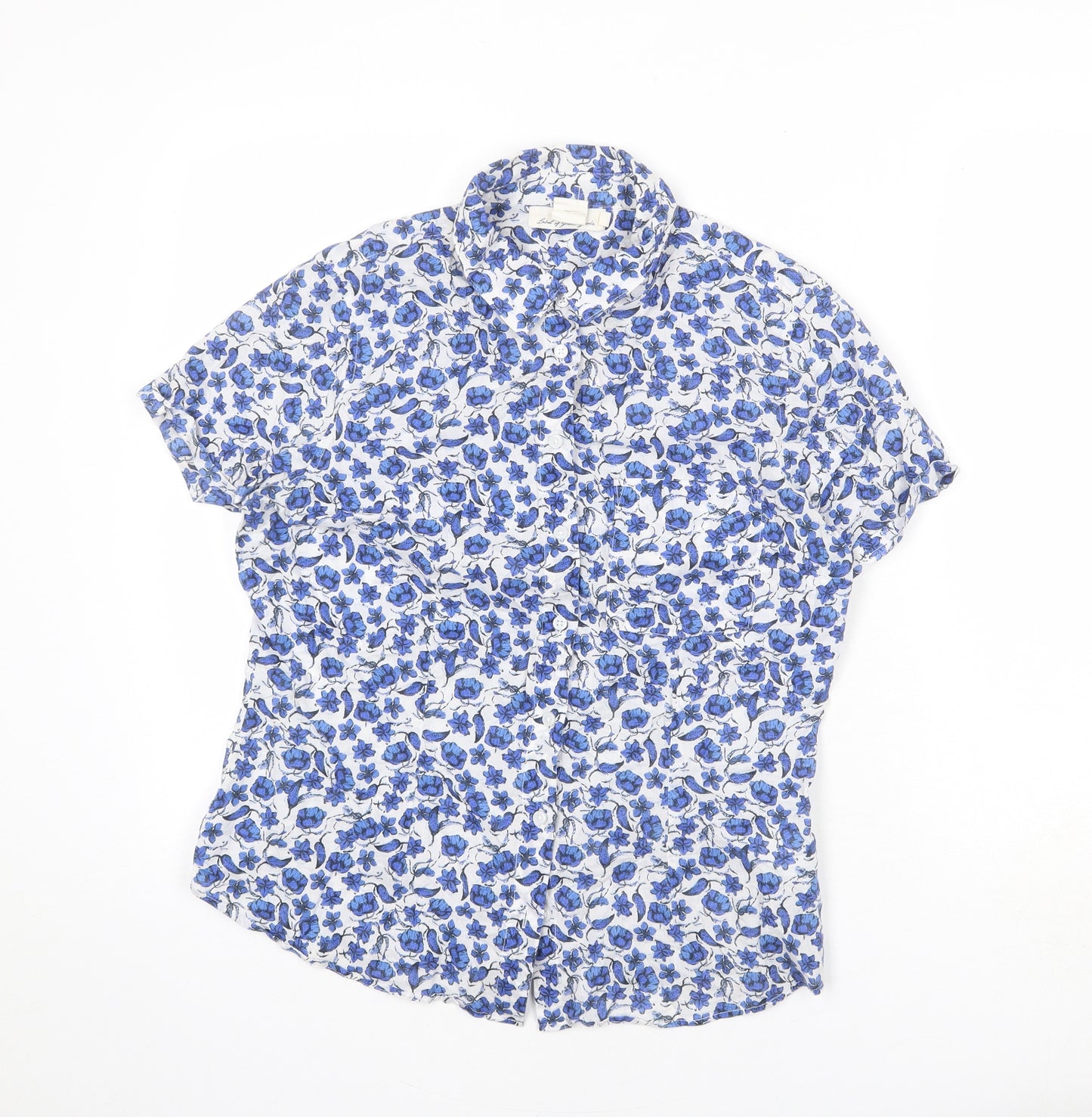 H&M Womens White Floral 100% Cotton Basic Button-Up Size 14 Collared