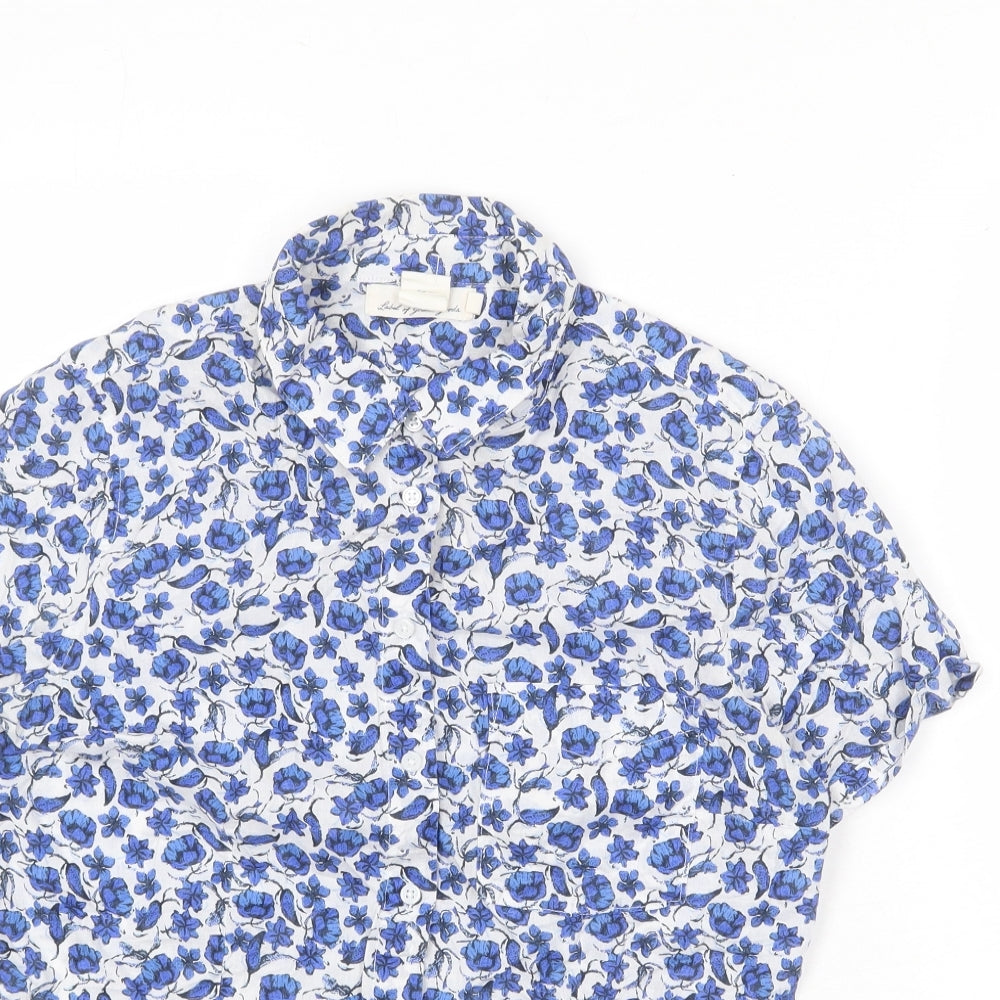 H&M Womens White Floral 100% Cotton Basic Button-Up Size 14 Collared