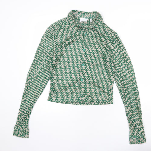 ASOS Womens Green Geometric Polyester Basic Button-Up Size XS Collared