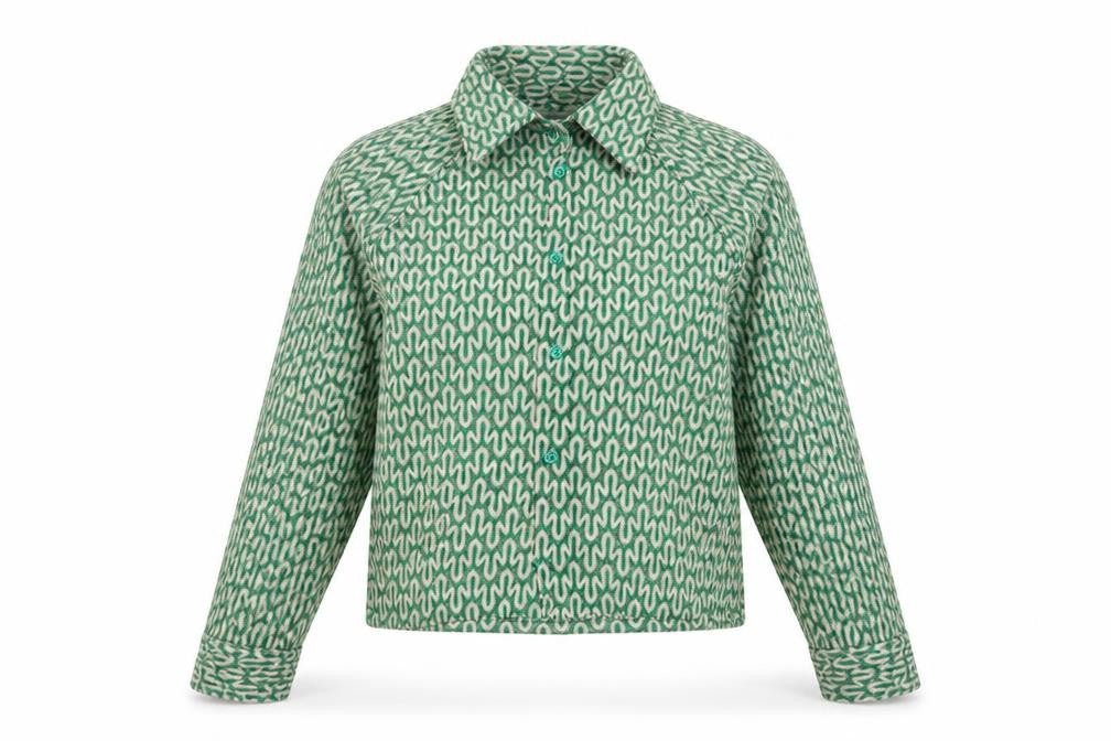 Front view of ASOS women’s green geometric polyester basic button-up, size XS, collared