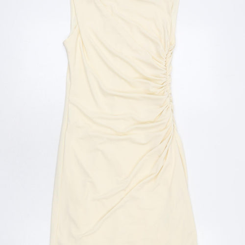 Zara Womens Beige Polyester Bodycon Size S Roll Neck Zip - Ruched Sides