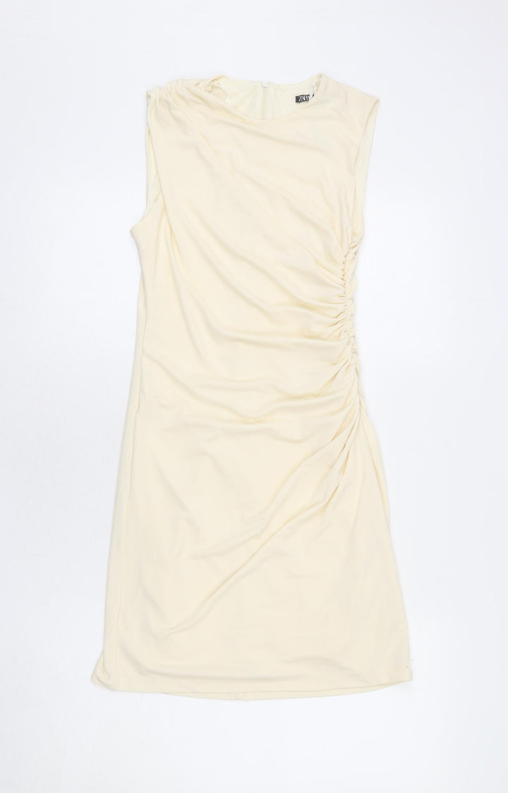 Zara Womens Beige Polyester Bodycon Size S Roll Neck Zip - Ruched Sides
