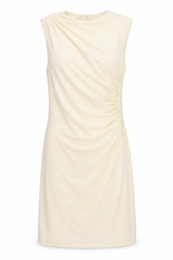 Front view of Zara women’s beige polyester bodycon, size S, roll neck zip - ruched sides