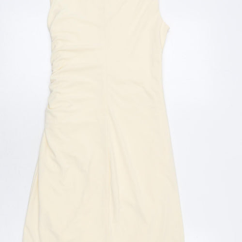 Zara Womens Beige Polyester Bodycon Size S Roll Neck Zip - Ruched Sides