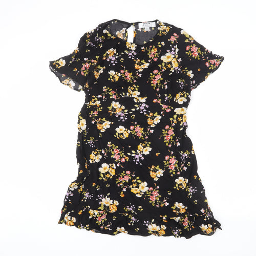 Dorothy Perkins Womens Black Floral Viscose Mini Size 10 Round Neck Button - Flare Bottom