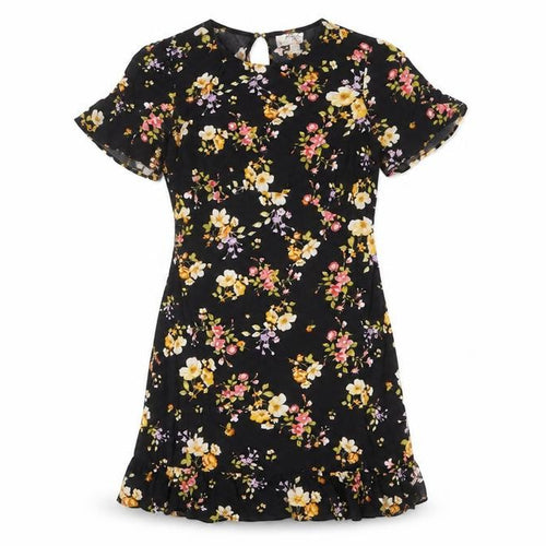 Dorothy Perkins Womens Black Floral Viscose Mini Size 10 Round Neck Button - Flare Bottom