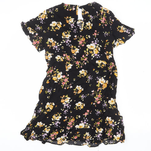Dorothy Perkins Womens Black Floral Viscose Mini Size 10 Round Neck Button - Flare Bottom