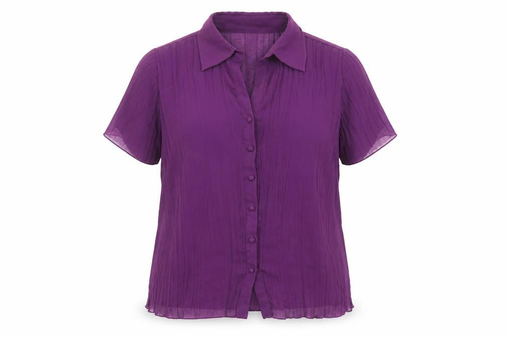 Front view of Classics women’s purple polyester basic blouse, size UK 14, collared - ribbed, sheer, button-up