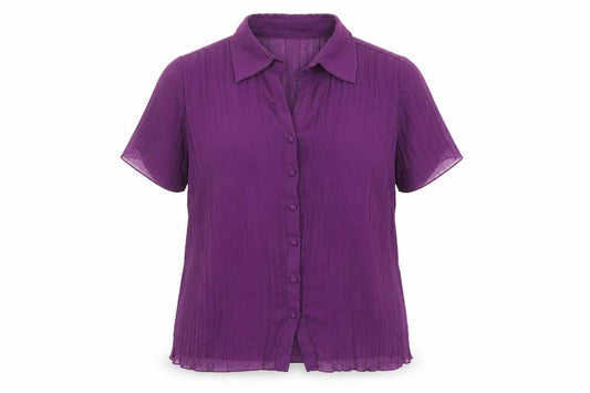 Front view of Classics women’s purple polyester basic blouse, size UK 14, collared - ribbed, sheer, button-up