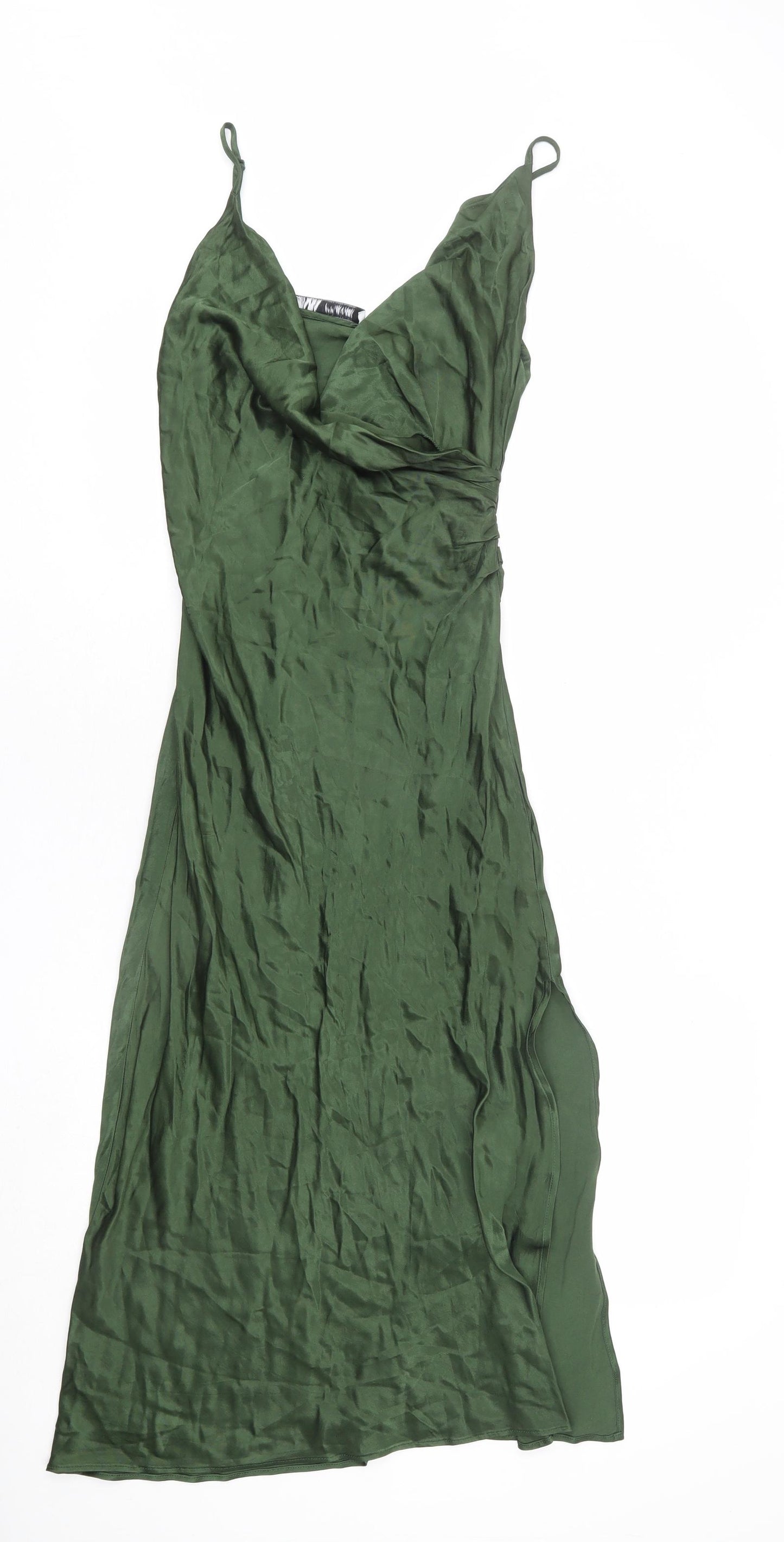 Zara Womens Green Polyester Slip Dress Size M Cowl Neck Zip