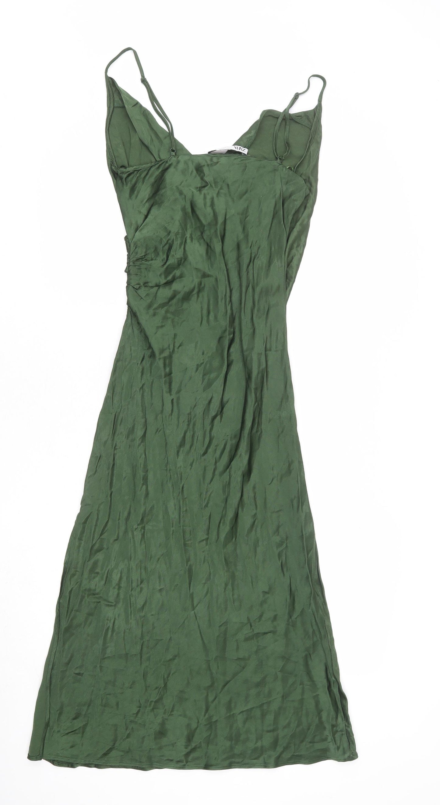 Zara Womens Green Polyester Slip Dress Size M Cowl Neck Zip