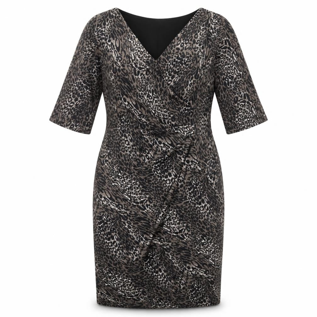 Front view of Scarlett & Jo women’s multicoloured animal print polyester bodycon, size UK 16, v-neck pullover - leopard print