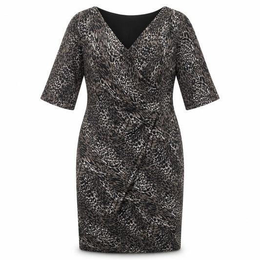 Front view of Scarlett & Jo women’s multicoloured animal print polyester bodycon, size UK 16, v-neck pullover - leopard print