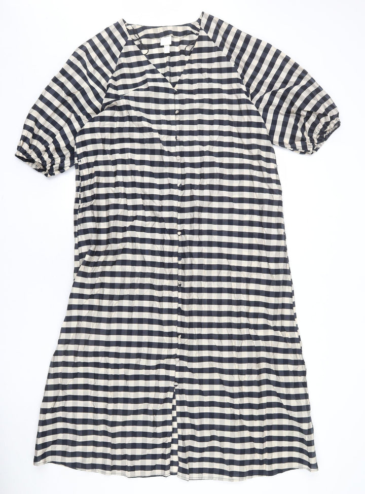 H&M Womens Beige Plaid Viscose Shift Size XS V-Neck Pullover