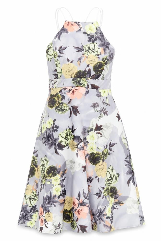 Front view of Boohoo women’s green floral polyester a-line, size UK 10, square neck pullover