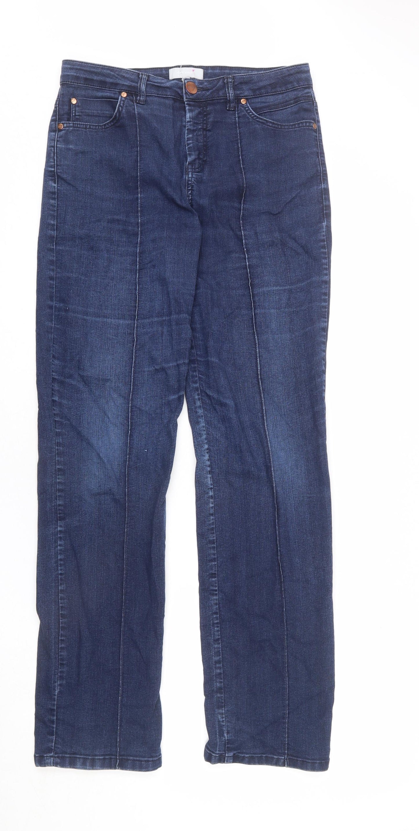 Per Una Womens Blue Cotton Straight Jeans Size 12 L32 in Regular Zip - Pleated